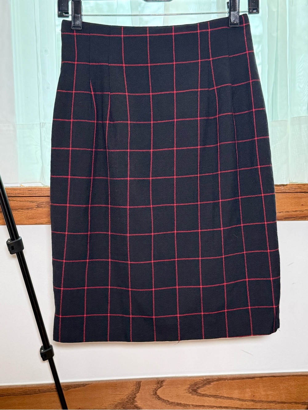 Black Windowpane Pencil Skirt with red Grid